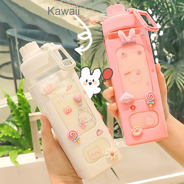 Kawaii Bear Pastel Water Bottle With 3D Sticker 700ml/900ml Plastic Travel Tea Juice Milk Portable Cute Shaker Drink Bottle Gift