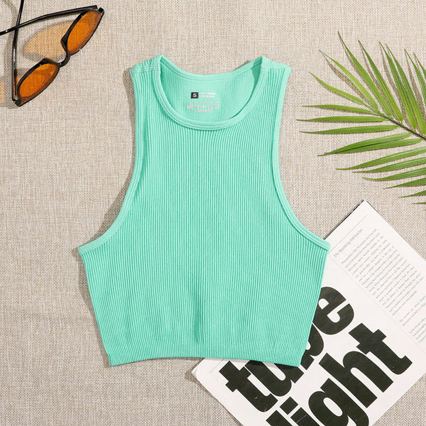 Women Yoga Vest Gym Sports Crop Tops Seamless Streetwear Rib-Knit Fitness Running Vest Workout Bra Tank Top Female Without Pad