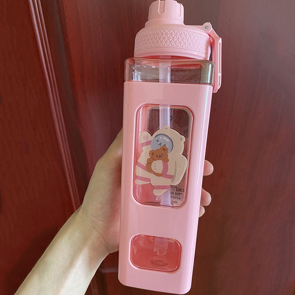 Kawaii Bear Pastel Water Bottle With 3D Sticker 700ml/900ml Plastic Travel Tea Juice Milk Portable Cute Shaker Drink Bottle Gift