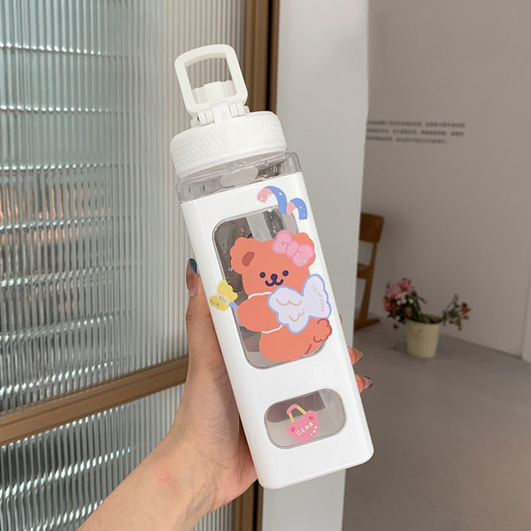 Kawaii Bear Pastel Water Bottle With 3D Sticker 700ml/900ml Plastic Travel Tea Juice Milk Portable Cute Shaker Drink Bottle Gift