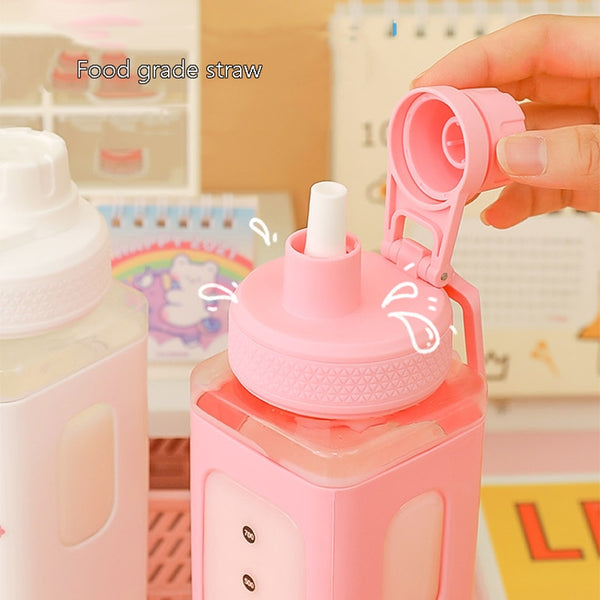 Kawaii Bear Pastel Water Bottle With 3D Sticker 700ml/900ml Plastic Travel Tea Juice Milk Portable Cute Shaker Drink Bottle Gift