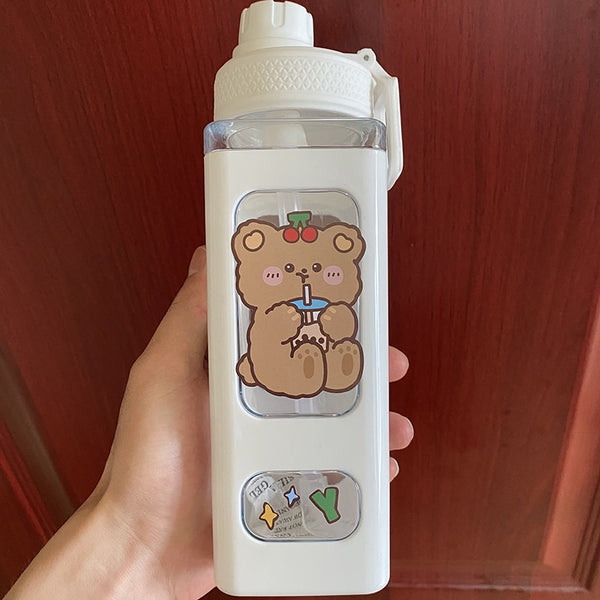 Kawaii Bear Pastel Water Bottle With 3D Sticker 700ml/900ml Plastic Travel Tea Juice Milk Portable Cute Shaker Drink Bottle Gift