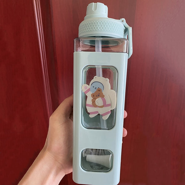 Kawaii Bear Pastel Water Bottle With 3D Sticker 700ml/900ml Plastic Travel Tea Juice Milk Portable Cute Shaker Drink Bottle Gift