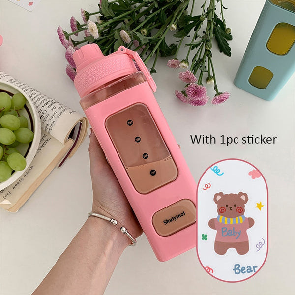 Kawaii Bear Pastel Water Bottle With 3D Sticker 700ml/900ml Plastic Travel Tea Juice Milk Portable Cute Shaker Drink Bottle Gift