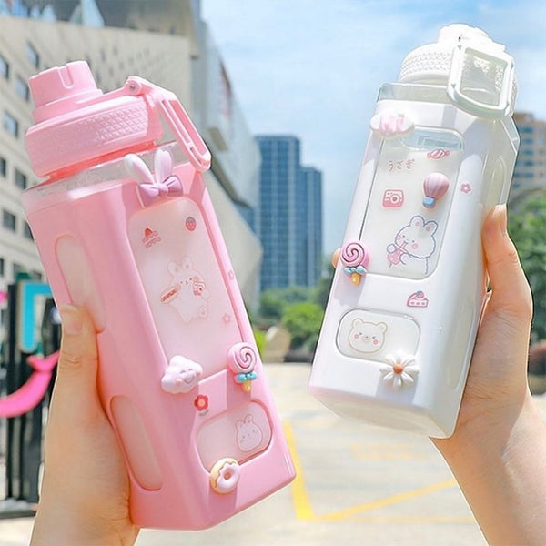 Kawaii Bear Pastel Water Bottle With 3D Sticker 700ml/900ml Plastic Travel Tea Juice Milk Portable Cute Shaker Drink Bottle Gift