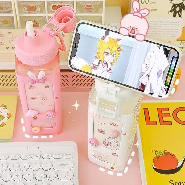 Kawaii Bear Pastel Water Bottle With 3D Sticker 700ml/900ml Plastic Travel Tea Juice Milk Portable Cute Shaker Drink Bottle Gift