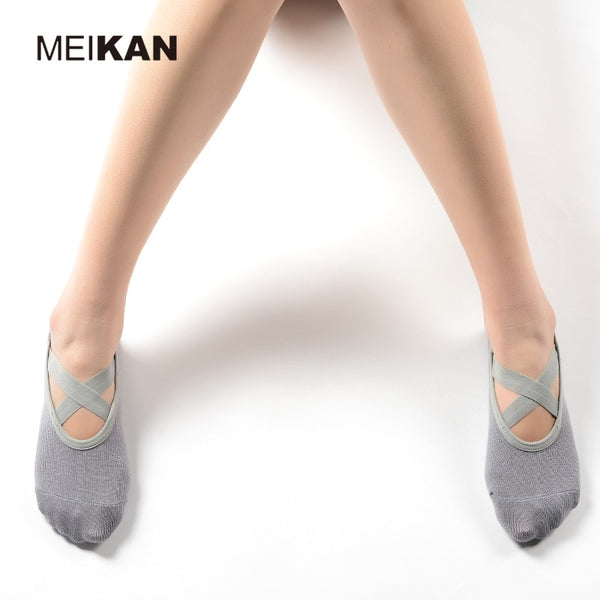 MK1721 MEIKANG Brand Women Combed Cotton Yoga Socks Cross Lace PVC Anti-Skid Particles High-Quality Dance Pilates Yoga Socks