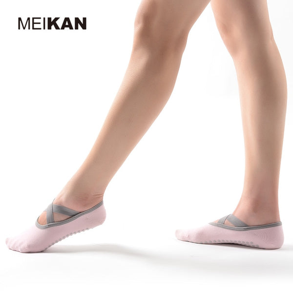 MK1721 MEIKANG Brand Women Combed Cotton Yoga Socks Cross Lace PVC Anti-Skid Particles High-Quality Dance Pilates Yoga Socks