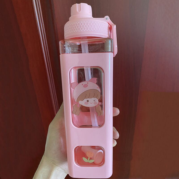 Kawaii Bear Pastel Water Bottle With 3D Sticker 700ml/900ml Plastic Travel Tea Juice Milk Portable Cute Shaker Drink Bottle Gift