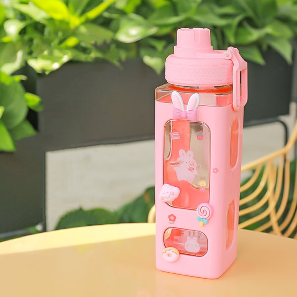 Kawaii Bear Pastel Water Bottle With 3D Sticker 700ml/900ml Plastic Travel Tea Juice Milk Portable Cute Shaker Drink Bottle Gift