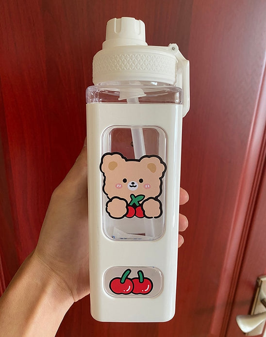 Kawaii Bear Pastel Water Bottle With 3D Sticker 700ml/900ml Plastic Travel Tea Juice Milk Portable Cute Shaker Drink Bottle Gift