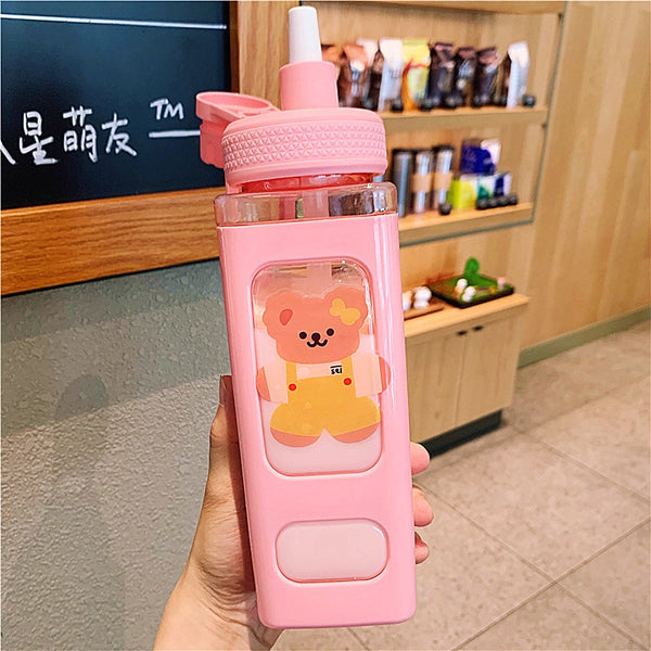 Kawaii Bear Pastel Water Bottle With 3D Sticker 700ml/900ml Plastic Travel Tea Juice Milk Portable Cute Shaker Drink Bottle Gift