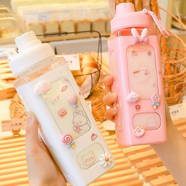 Kawaii Bear Pastel Water Bottle With 3D Sticker 700ml/900ml Plastic Travel Tea Juice Milk Portable Cute Shaker Drink Bottle Gift