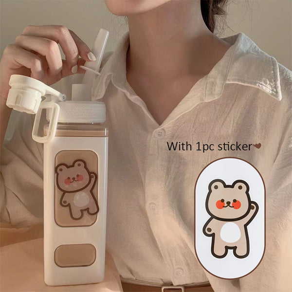 Kawaii Bear Pastel Water Bottle With 3D Sticker 700ml/900ml Plastic Travel Tea Juice Milk Portable Cute Shaker Drink Bottle Gift