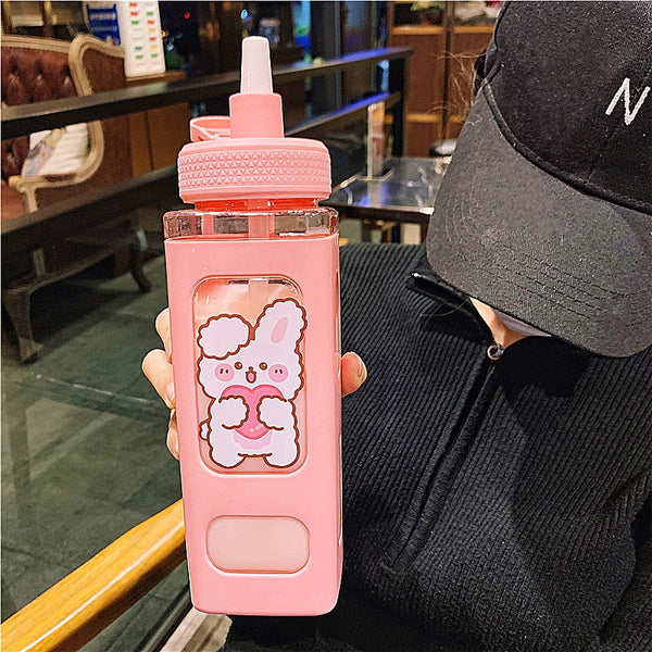 Kawaii Bear Pastel Water Bottle With 3D Sticker 700ml/900ml Plastic Travel Tea Juice Milk Portable Cute Shaker Drink Bottle Gift