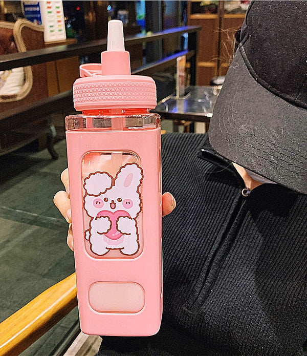 Kawaii Bear Pastel Water Bottle With 3D Sticker 700ml/900ml Plastic Travel Tea Juice Milk Portable Cute Shaker Drink Bottle Gift