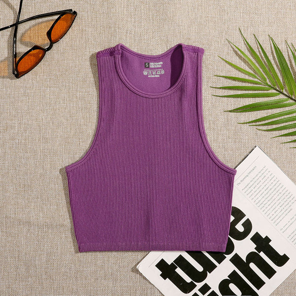 Women Yoga Vest Gym Sports Crop Tops Seamless Streetwear Rib-Knit Fitness Running Vest Workout Bra Tank Top Female Without Pad