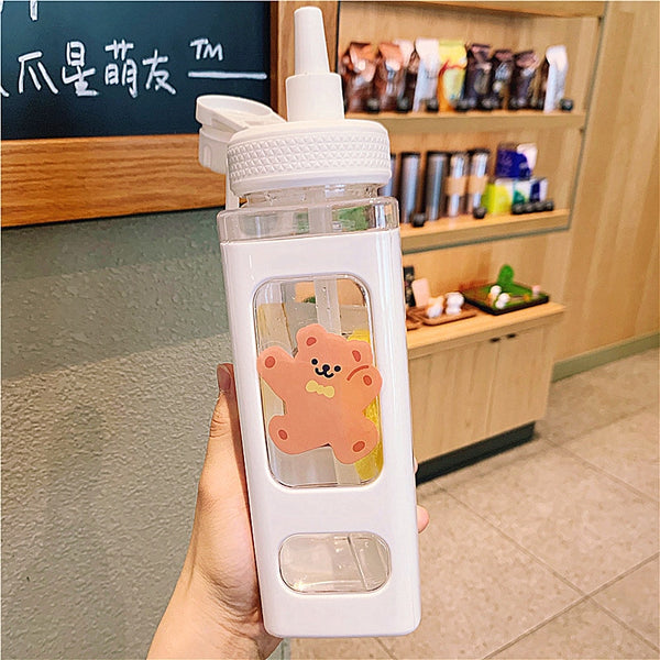 Kawaii Bear Pastel Water Bottle With 3D Sticker 700ml/900ml Plastic Travel Tea Juice Milk Portable Cute Shaker Drink Bottle Gift