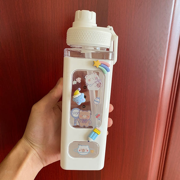 Kawaii Bear Pastel Water Bottle With 3D Sticker 700ml/900ml Plastic Travel Tea Juice Milk Portable Cute Shaker Drink Bottle Gift