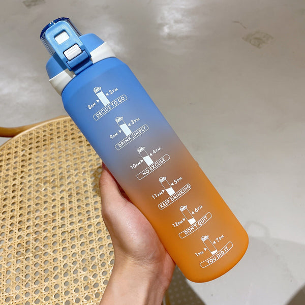 1L Time Sport Water Bottle Gradient Frosted Plastic Drink Bottle with Time Maker for Fitness Yoga Portable Outdoor Sports Bottle