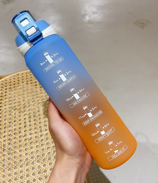 1L Time Sport Water Bottle Gradient Frosted Plastic Drink Bottle with Time Maker for Fitness Yoga Portable Outdoor Sports Bottle