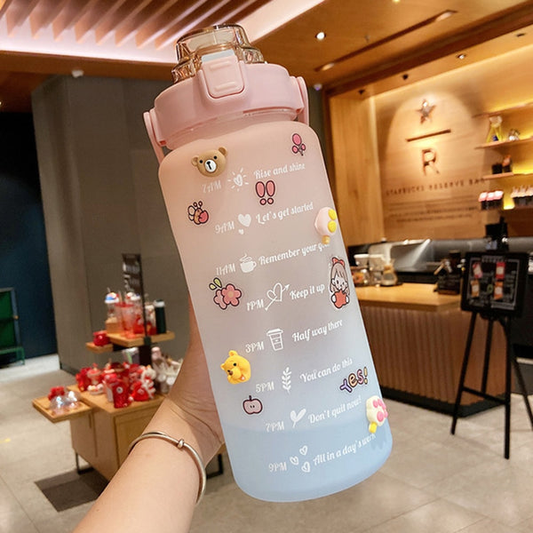 2 Liter Water Bottle with Straw Female Jug Girls Portable Travel bottles Fitness Bike Cup Summer Cold Water Jug with Time Marker