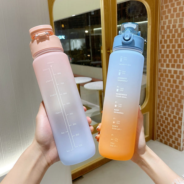 1L Time Sport Water Bottle Gradient Frosted Plastic Drink Bottle with Time Maker for Fitness Yoga Portable Outdoor Sports Bottle