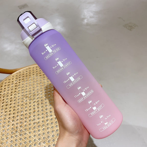 1L Time Sport Water Bottle Gradient Frosted Plastic Drink Bottle with Time Maker for Fitness Yoga Portable Outdoor Sports Bottle