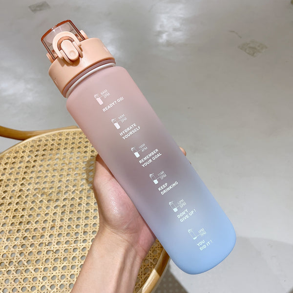 1L Time Sport Water Bottle Gradient Frosted Plastic Drink Bottle with Time Maker for Fitness Yoga Portable Outdoor Sports Bottle