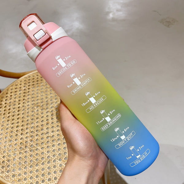 1L Time Sport Water Bottle Gradient Frosted Plastic Drink Bottle with Time Maker for Fitness Yoga Portable Outdoor Sports Bottle