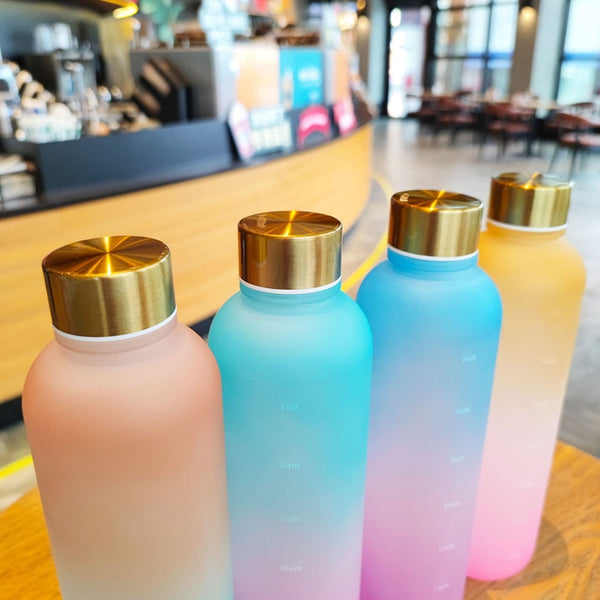 1000ml Sport Water Bottle Rainbow Plastic Frosted Non-toxic Time Drinking Bottles for Fitness Yoga Outdoor Portable Drinkware