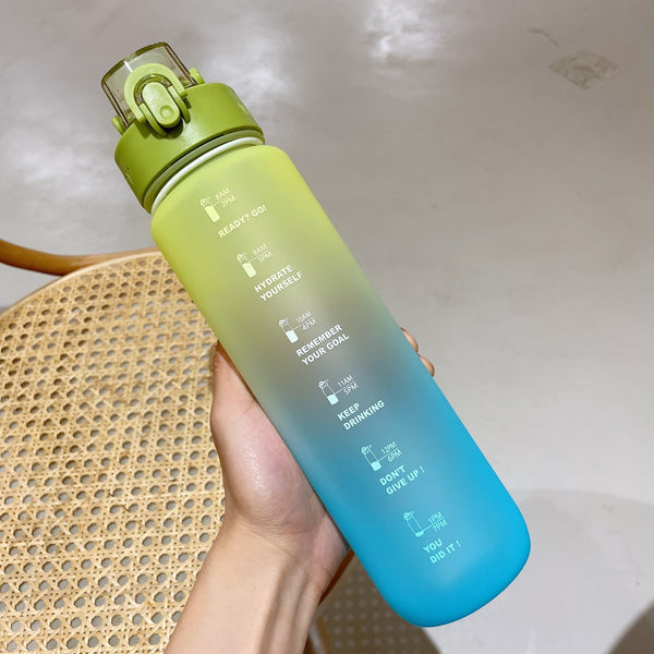 1L Time Sport Water Bottle Gradient Frosted Plastic Drink Bottle with Time Maker for Fitness Yoga Portable Outdoor Sports Bottle