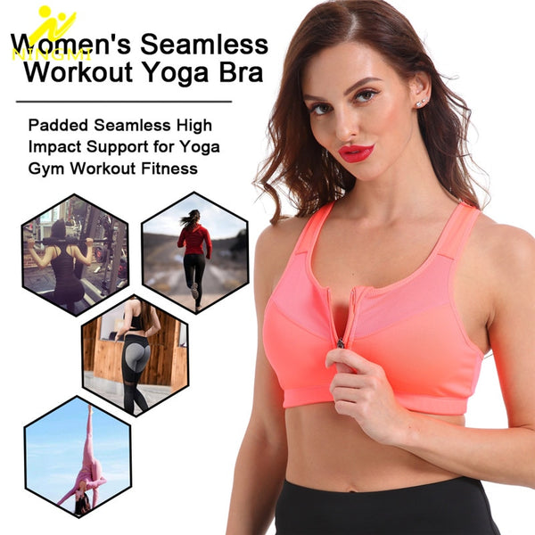 NINGMI Sports Bra Hot Women Gym Fitness Zipper High Impact Vest Active Wear Underwear Push Up Running Yoga Bra Sport Crop Tops