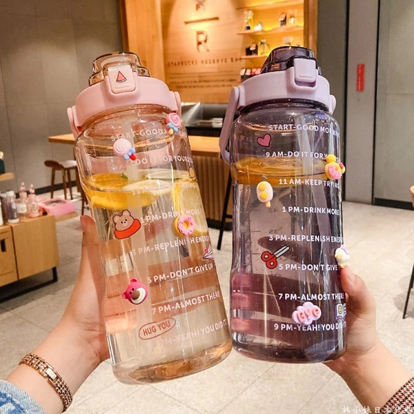 2 Liter Water Bottle with Straw Female Jug Girls Portable Travel bottles Fitness Bike Cup Summer Cold Water Jug with Time Marker