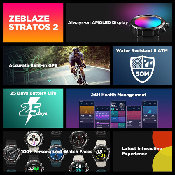 [The New 2022] Zeblaze Stratos 2 GPS Smart Watch AMOLED Display 24h Health Monitor 5 ATM Long Battery Life GPS Watch for Men