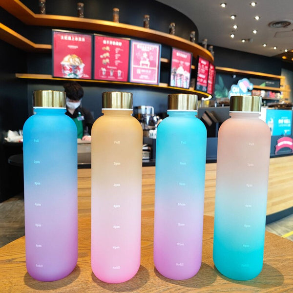 1000ml Sport Water Bottle Rainbow Plastic Frosted Non-toxic Time Drinking Bottles for Fitness Yoga Outdoor Portable Drinkware