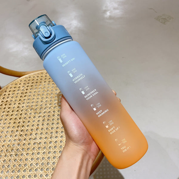 1L Time Sport Water Bottle Gradient Frosted Plastic Drink Bottle with Time Maker for Fitness Yoga Portable Outdoor Sports Bottle