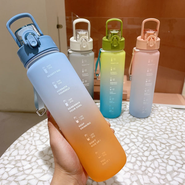 1L Time Sport Water Bottle Gradient Frosted Plastic Drink Bottle with Time Maker for Fitness Yoga Portable Outdoor Sports Bottle