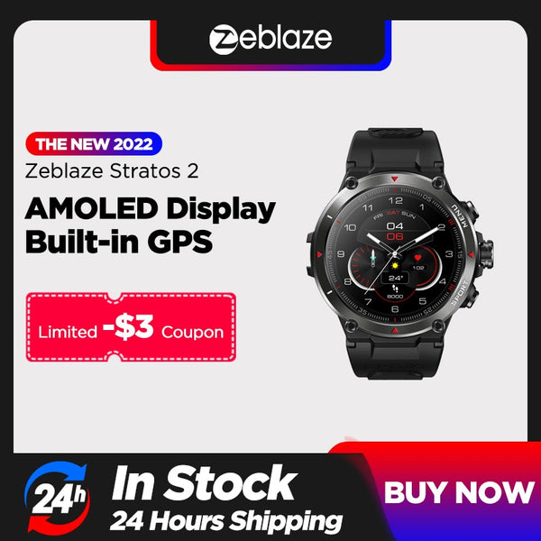 [The New 2022] Zeblaze Stratos 2 GPS Smart Watch AMOLED Display 24h Health Monitor 5 ATM Long Battery Life GPS Watch for Men