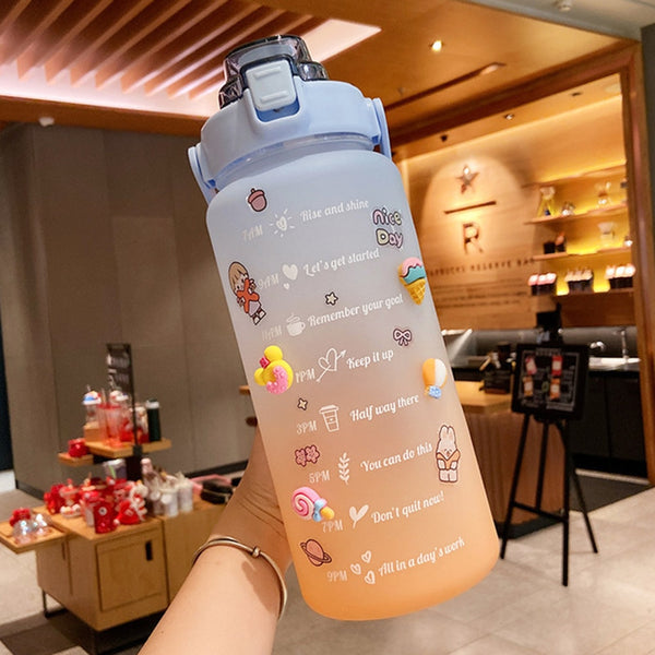 2 Liter Water Bottle with Straw Female Jug Girls Portable Travel bottles Fitness Bike Cup Summer Cold Water Jug with Time Marker